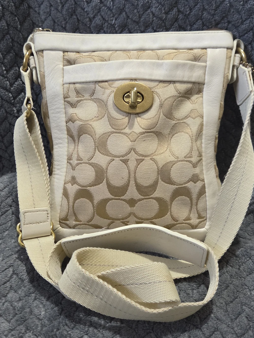 Coach Cream and Beige Cricket Signature Crossbody with Gold Turnlock